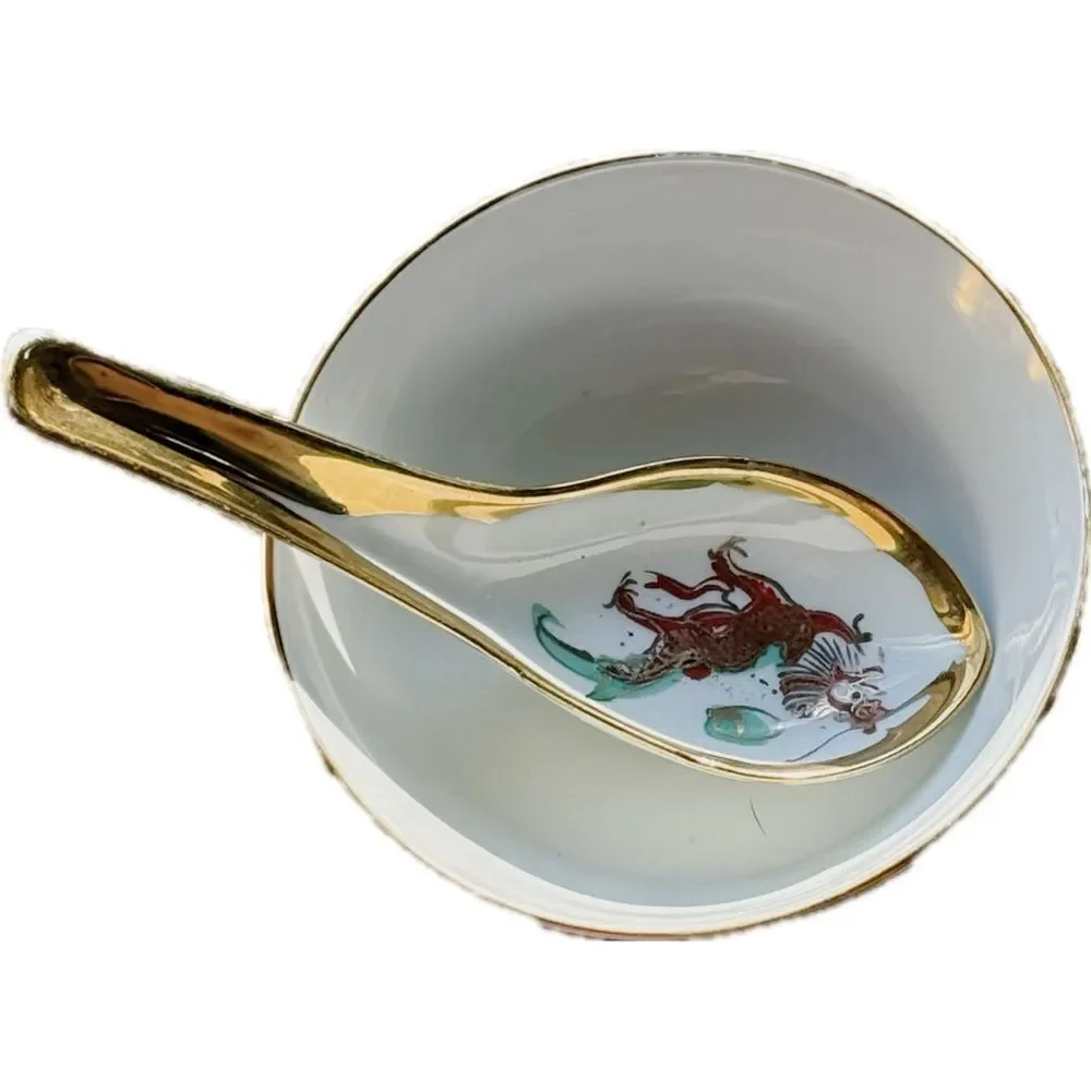 Vintage Rite Aid Chinese Dragon & Phoenix Bowl & Spoon Set‎